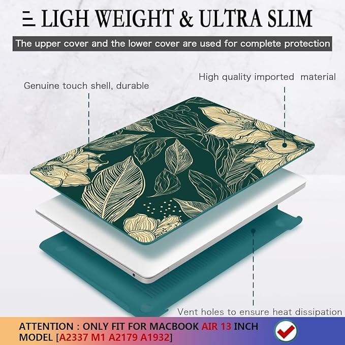 CISSOOK Compatible with MacBook Air 13 inch Case 2022 2021 2020-2018 Release M1 A2337 A2179 A1932 with Touch ID, Plastic Hard Shell Case & Keyboard Cover & Screen Protector, Elegant Floral