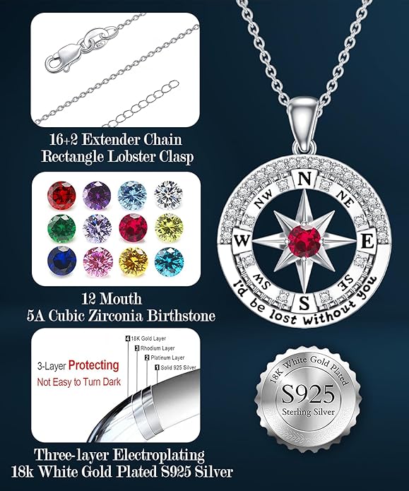 Compass Birthstone Necklace Gift for 2025 Graduation 925 Sterling Silver Compass ‘I'd be Lost Without You’ Pendant Necklaces Jewelry for Women Her Wife Gift for Birthday Anniversary
