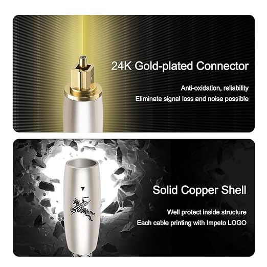Digital Fiber Optic Audio Cable for Sound Bar Toslink Cord Male to Male 24K Gold Plated Connector Optical Audio Cable 6ft 10ft S/PDIF Glass Core, 9.84feet/3M IMP-2201