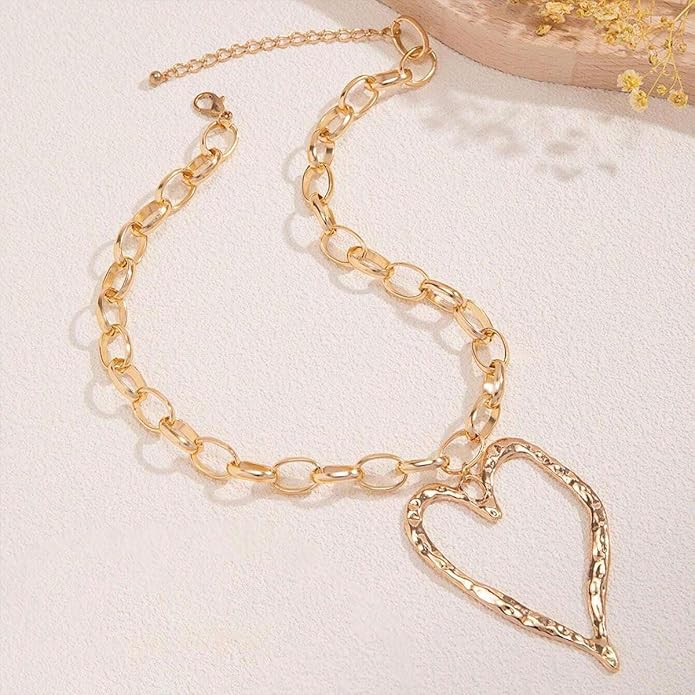 Chunky Gold Necklace Big Heart Necklace for Women Silver Large Statement Necklaces Thick Bold Chain Puffy Love Heart Charm Necklaces for Women with OT Toggle Silver Chunky Gold Jewelry Trendy Valentine's Day Gift