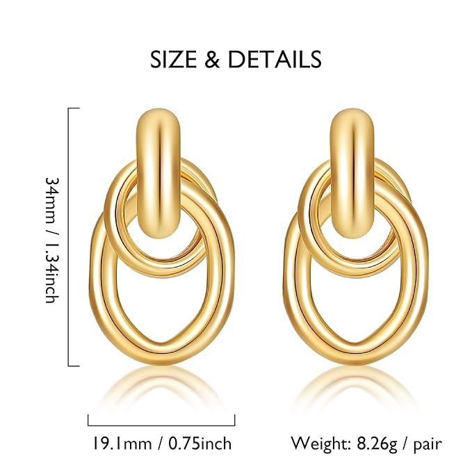 Chunky Twisted Knot Link Earrings for Women， Elliptic Drop Dangle Statement Geometric Stud，Trendy Jewelry