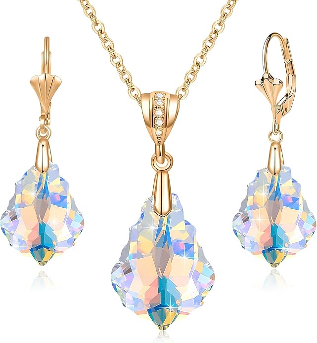 EVEVIC Austrian Crystals Baroque Pendant Necklace Earrings for Women 14K Gold Plated Hypoallergenic Leverback Drop Dangle Earrings Jewelry Set