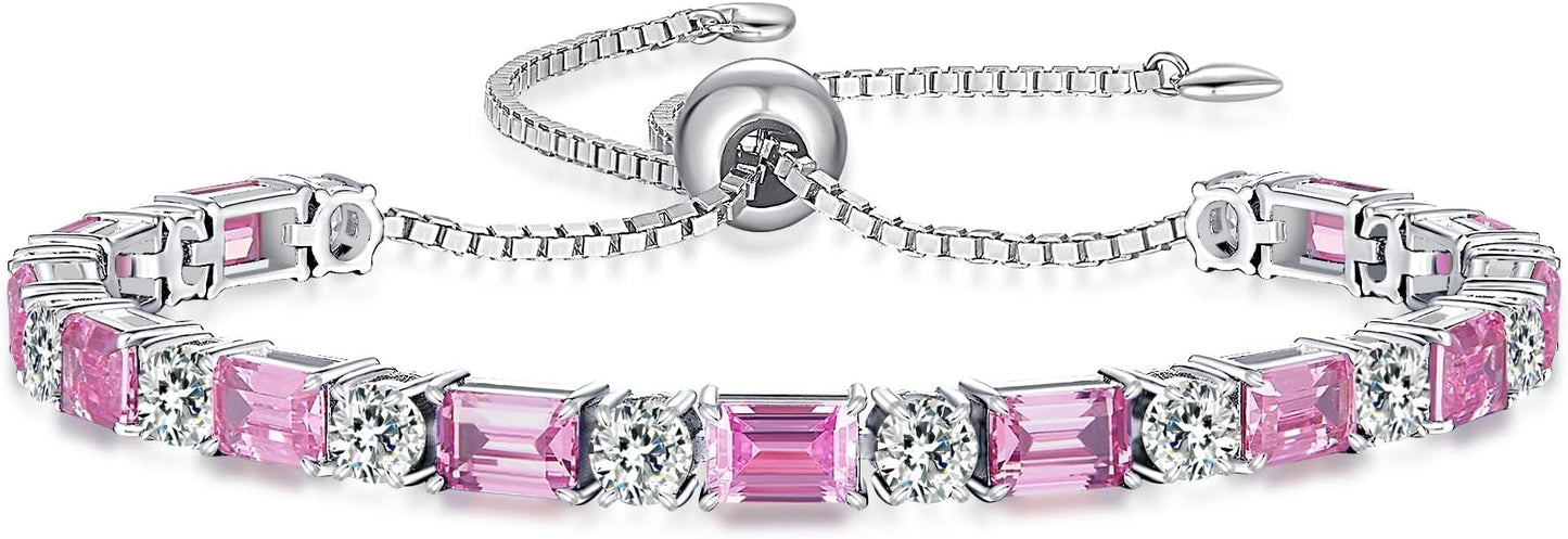 Birthstone Tennis Bracelets for Women White Gold Sterling Silver Gemstone Bracelets Adjustable Chain 6-9 Inchs Jewelry Anniversary Birthday Gifts for Women Mom Wife Her