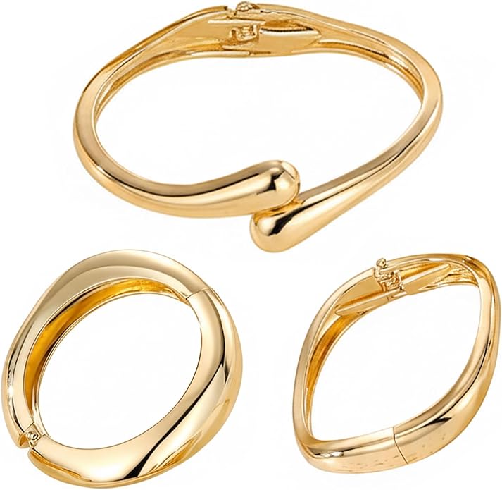 CoguZed 3-Piece 14K Gold Plated Chunky Bracelet Set - Stackable Cuff Bangles, Trendy Statement Jewelry for Women