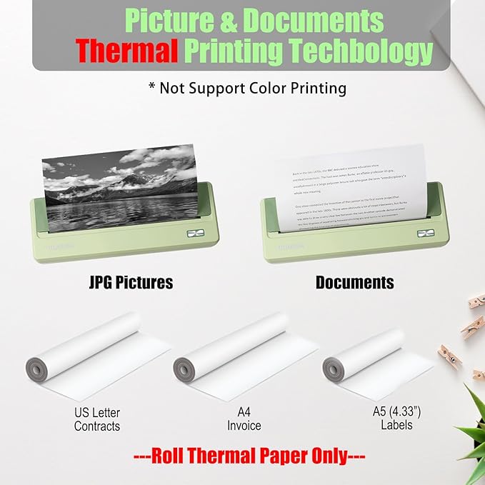 Rongta Inkless Portable Printer for Travel, Wireless Thermal Printer Support 8.5 x 11 inch A4/ US Letter, Bluetooth Compatible with Android/iOS Smartphone for Home Use (Green)