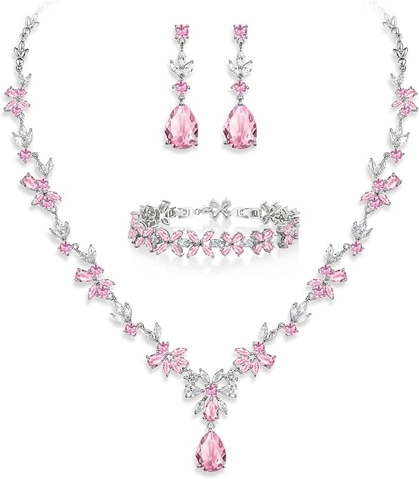 Crysdue Wedding Jewelry Set for Women, Floral Leaf Vine Teardrop Necklace Dangle Earrings Bracelet and Hair Comb, Cubic Zirconia Elegant Party Prom Jewellery for Bridal Bridesmaid