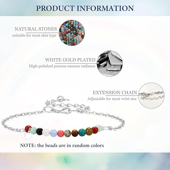 Birthday Gift for 9-16 Year Old, Small Natural Stone Beaded Bracelet Adjustable Heart Charm Bracelet for Daughter Granddaughter Sister Niece Friend on Birthday Graduation with Message Card Gift Box