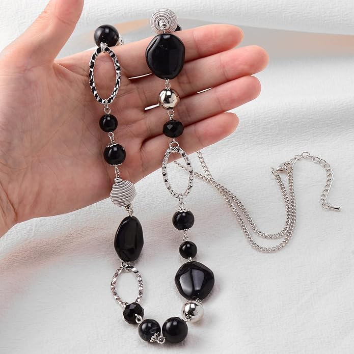 BULINLIN Beaded Long Necklace for Women Silver Sweater Chain Necklace with Crystal Resin Beads, Fashion Jewelry Necklace