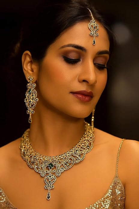 Touchstone Indian jewelry set for women bollywood gold jewellery wedding outfits necklace sets earrings bridal maang tikka fancy costume girls big desi accessories rhinestone in gold or silver tone