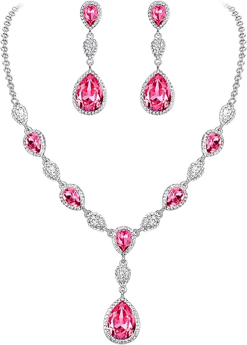 EleQueen Women's Cubic Zirconia Teardrop Y-Necklaces Dangle Earrings Jewelry Sets for Brides Bridesmaids