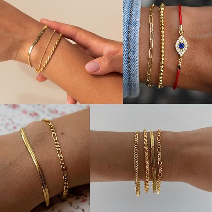 Gold Bracelets Set for Women Non Tarnish Trendy,14K Gold Plated Dainty Stackable Paperclip Cuban Link Chain Bracelets, Simple Cute Cuff Bracelets Jewelry Set Adjustable 7"+2"
