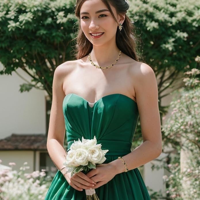 BriLove Wedding Jewelry Set for Women Bride, Gorgeous Stunning Crystal Flower Leaf Cluster Choker Necklace Link Bracelet Stud Earrings Bridal Bridesmaid