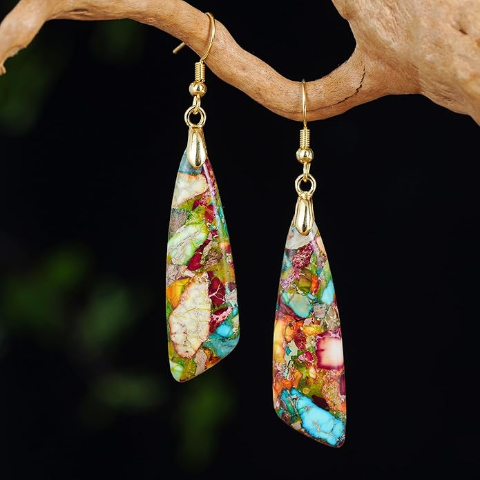 Boho Women Natural Stone Earrings Unique Healing Imperial Jasper Gemstone Energy Hypoallergenic Lightweight Dangle Drop Earrings Multiple Styles Earrings Jewelry for Birthday Party Gift