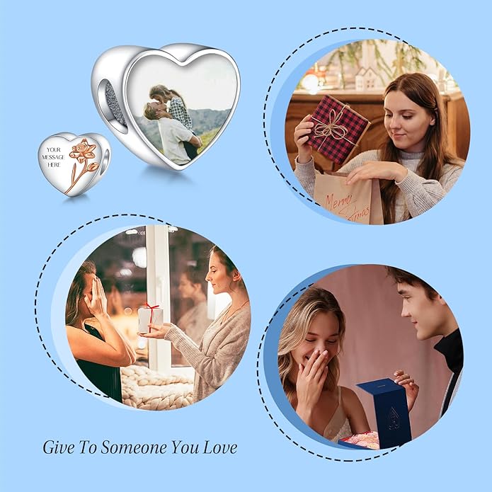 Annmors Personalized Photo Charm for Bracelet Necklaces,925 Sterling Silver Charm Love Heart Shaped Engraved Customize Picture Gift for Birthday Mother's Day Christmas,Bead Charms Jewelry for Women