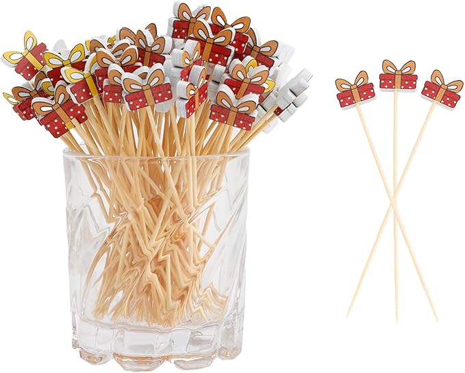 Holiday Toothpicks For Appetizers Bamboo Toothpicks 100pcs 4.7inch Gift Box Cocktail Toothpicks Christmas Picks For Food Picks Decorative Toothpicks For Appetizers Cocktail Sticks For Sandwich