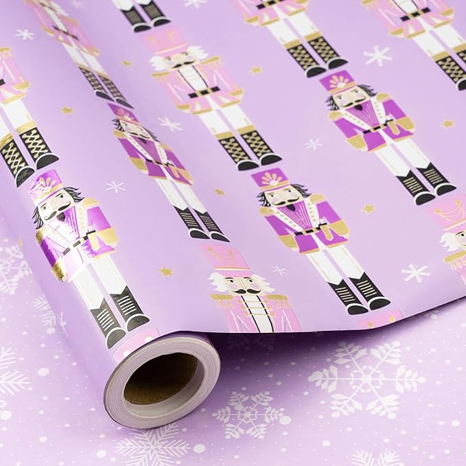 RUSPEPA 30" X 32.8' Reversible Christmas Wrapping Large Paper Roll, Jumbo Roll, Gold Foil Purple Nutcracker Soldier and Snowflakes Design Gift Wrap for Girls, Women, Family, Xmas Holiday Gifts