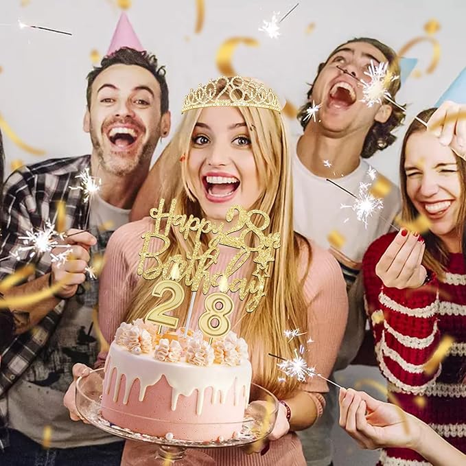 28th Birthday Decorations for Women Gold with Tiara, Sash, Cake Topper, Candles, Balloons, 28th Birthday Gifts for Women