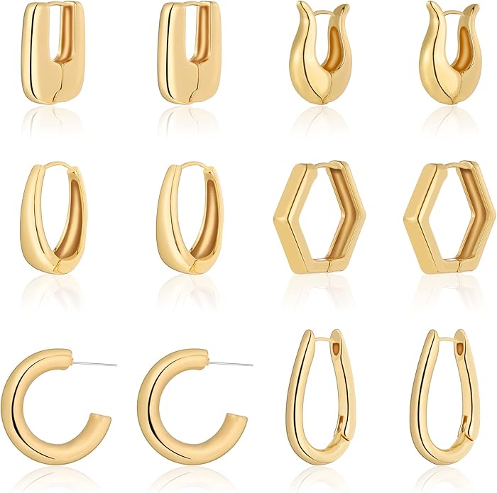Wgoud 6 Pairs Gold Hoop Earrings Set for Women, 14K Gold Plated Hypoallergenic Lightweight Chunky Open Huggie Hoops Earrings Jewelry for Gifts.