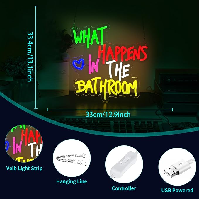 Neon Sign - HSJNJKFU What Happens in the Bathroom Neon Signs for Wall Decor Led Light Sign for Man Cave Bathroom Room Home Beer Bar Sign - USB Powered