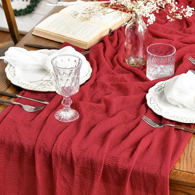 Artoid Mode Boho Red Gauze 6 Pieces Wedding Table Runner, 120 Inch Birthday Fabric Kitchen Dining Holiday Table Decor for Home Party Indoor
