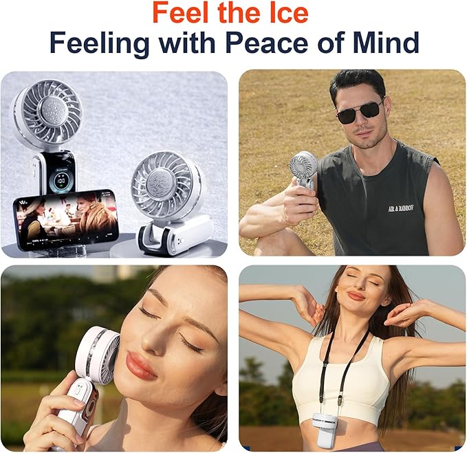 Blows Cold Air Portable Handheld Fan with Stand & Lanyard, 5000mAh USB-C Rechargeable Battery, 12H/5-Speed LED Display Mini Fan for Travel Beach Cruise Concerts Outdoor Events(White)