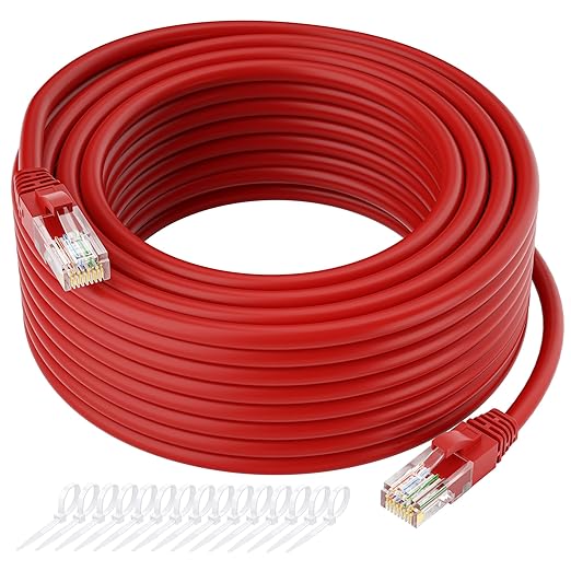 Cat5e Ethernet Cable 150 FT, Cat 5e Internet Cable, Red Snagless Patch Cord, Flexible, Network, LAN, PoE, Standard RJ45 Connector for PC, Server, Router, Modem, TV, PS5 - with 15 Cable Ties