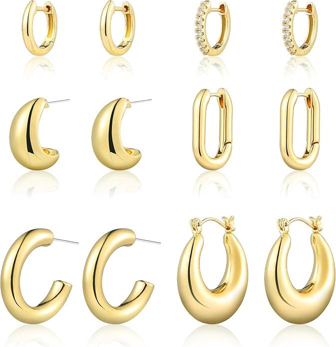 Wgoud 6 Pairs Gold Hoop Earrings Set for Women, 14K Gold Plated Hypoallergenic Lightweight Chunky Open Huggie Hoops Earrings Jewelry for Gifts.