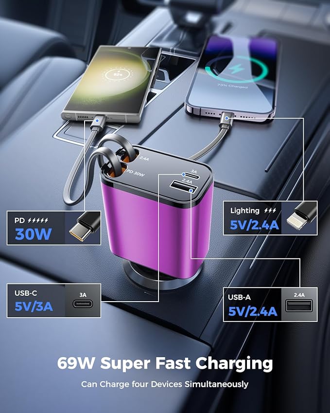 [2024 Upgraded] 4 in 1 Retractable Car Charger, SUPERONE Smaller Fast Car Phone Charger 69W with Cord, USB C and iPhone Car Charger Adapter, Compatible iPhone 15/15 Pro Max/14/13/12/11, Sumsung