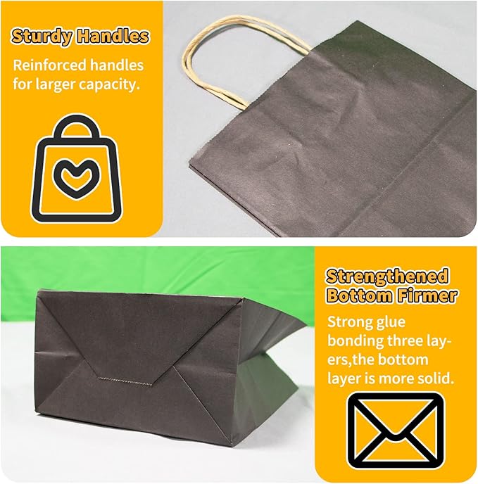 FACEBAG 50 PCS Black Paper Bags with Handles Bulk, 8x4.25x10.5 Inches,Medium-sized Gift Bags for Party Favors，Take-Out，Grocery Shopping & Retail,Christmas,weddings,Reusable & Durable