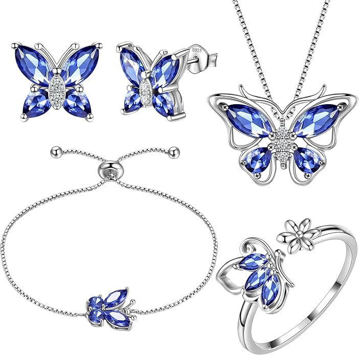 Aurora Tears Butterfly Jewelry,Women 925 Sterling Silver Butterflies Birthstone Pendant Necklace/Earrings/Rings Wedding Gift