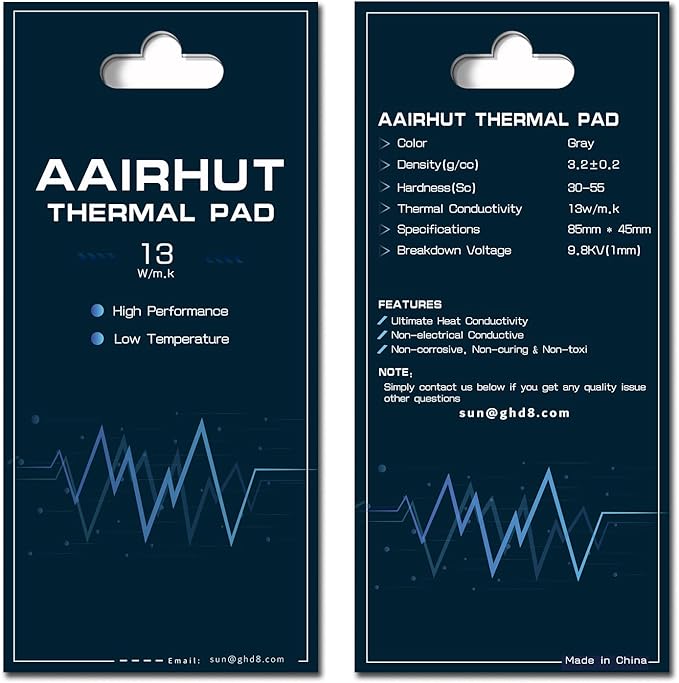 Aairhut Thermal Pad 13W/mK [0.5~3mm], 85 x 45 x 2mm Silicone Cooling Pad Non Conductive Heat Resistance Extreme Odyssey Cover with Dual Self-Adhesive Films for PC Laptop PS4/PS5/CPU/GPU/Computer