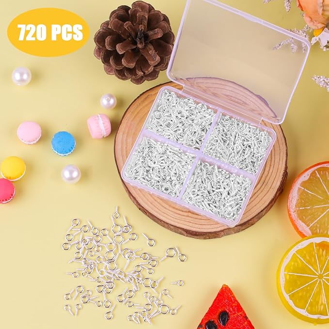 720PCS Small Screw Eye Pins, 3 Styles of Mini Eye Screws, Eyelet Pins Hooks for DIY Crafts, Art Projects, Tiaras and Jewelry Making - Silver