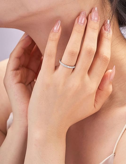 IMOLOVE Moissanite Wedding Band Wedding Rings for Women 925 Sterling Silver Rings with 18K White Gold Plated Eternity Stackable Engagement Ring Anniversary Band Size 3-12
