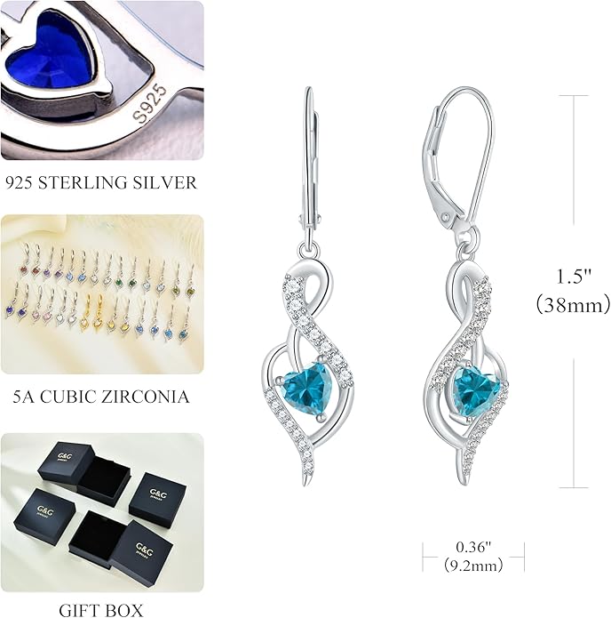 Infinity Heart Dangle Drop Earrings for Women, 925 Sterling Silver Birthstone Leverback Earrings, Birthday Anniversary Valentines Day Jewelry Gifts for Women Mom Her