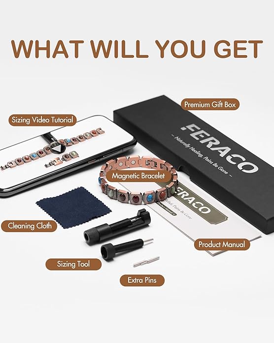Feraco Pure Copper Bracelets for Women, Ultra Strength Magnetic Bracelet with 3800 Gauss Magnets & Natural Turquoise & Stones, Adjustable, Jewelry Gift