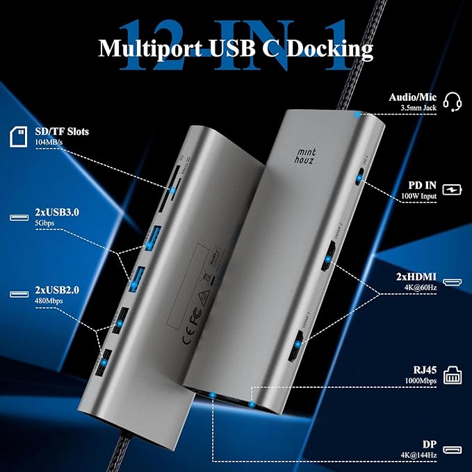 USB C Docking Station, Minthouz 12-in-1 Laptop Docking Station Dual Monitor with Dual 4k HDMI+8k DisplayPort+10Gbps, 3 USB A/C, 100W PD, Ethernet, SD/TF, Audio, USB C Hub for MacBook/Dell/HP/Surface