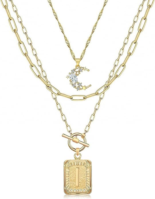 MJartoria Layered Initial Necklaces for Women Trendy, 14K Gold Plated Brass Simple Moon Choker Square Letter Pendant Necklace, Paperclip Chain Necklaces Jewelry Gifts
