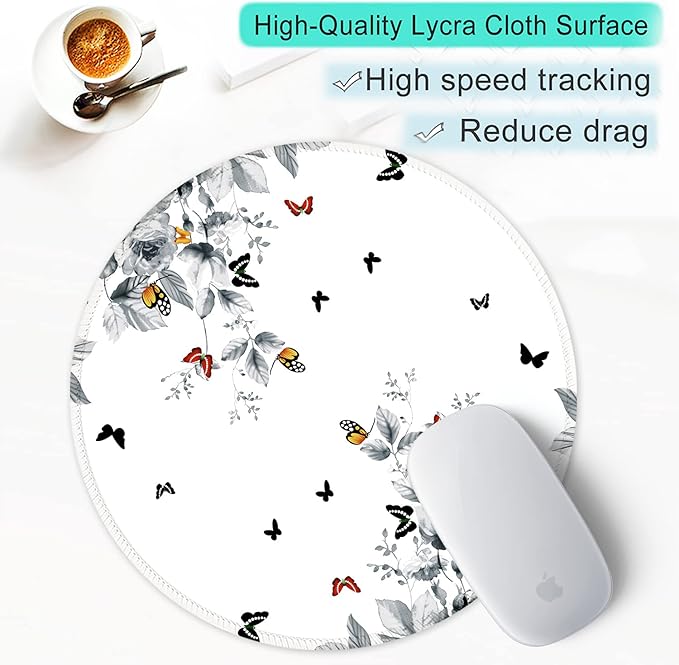ITNRSIIET Round Mouse Pad with Stitched Edge Premium-Textured Waterproof Non-Slip Rubber Base Desktop Protection Mat Diameter 8.7 inches, Flowers and Butterflies