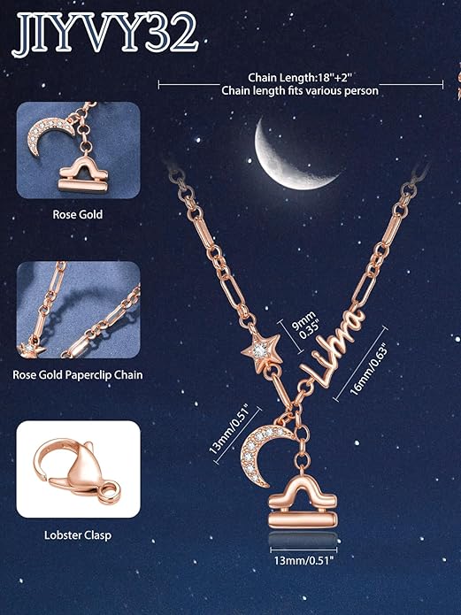 14K Gold/Rose Gold Zodiac Necklace for Women - Horoscope Constellation Pendant with Moon and Star, Luxury Birthday Gifts Jewelry for Her (12 Zodiac Signs)