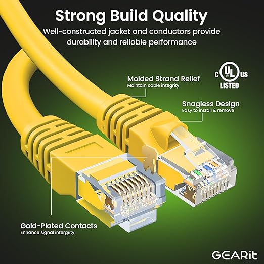 GearIT Cat 6 Ethernet Cable (24-Pack 0.5 Feet) Cat6 Network Patch, 10Gbps, RJ45, Snagless Cord, Gold-Plated Connectors, Internet for PC, TV, Tablet, Router, Printer, Servers, IT Data Center - Yellow