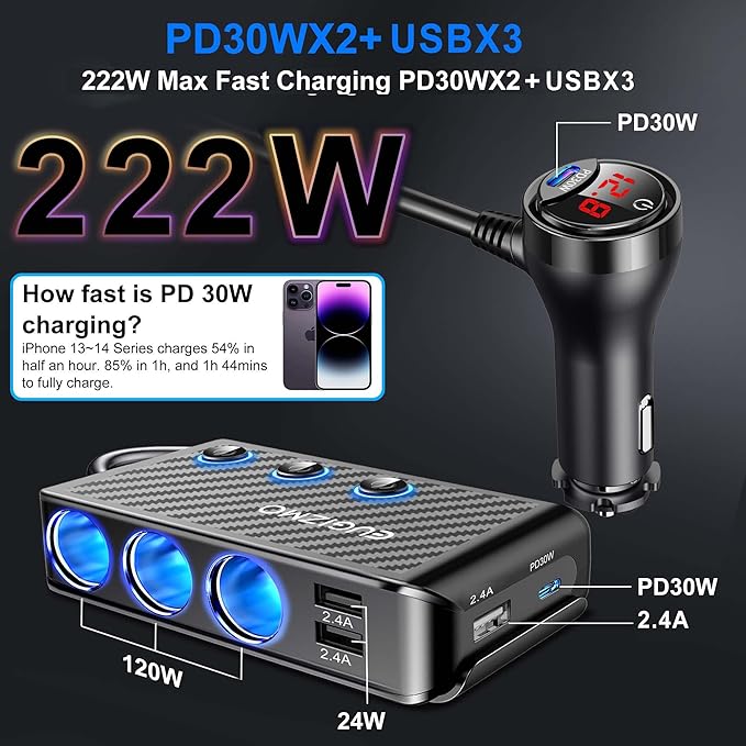 Cigarette Lighter Adapter, 222W 3 Socket Car Cigarette Lighter Plug USB Charger Multi Port 12V Car Plug Outlet Splitter with LED Voltage Display Independent Switches