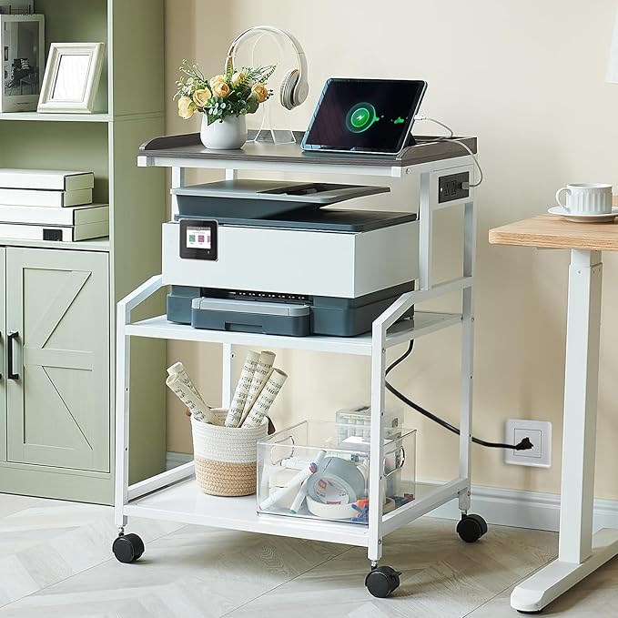 Lauren&Harold 34'' Printer Stand with Power Outlets & USB Ports, 3-Tier Adjustable Rolling Cart, Heavy Duty 150LBS Storage Table with Wheels for Office, Kitchen, Living Room, White