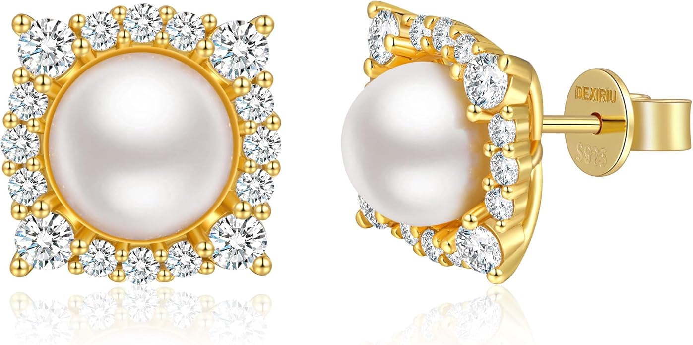 Cultured Freshwater Pearl Stud Earrings, 14K Gold Plated S925 Silver Women Pearl Stud, Gift for Birthday Mothers Day, Christmas, Anniversary