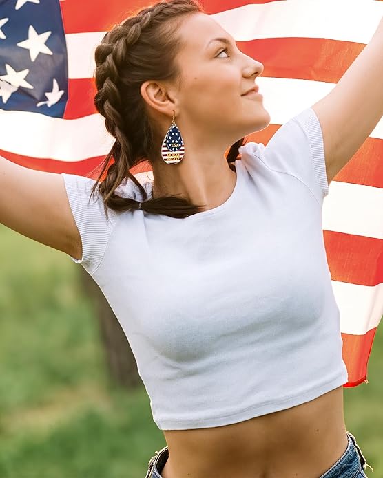 Gold Dangle Earrings for Women - American Flag Teardrop Earrings for 4th of July, Patriotic Independence Memorial Veterans Day Leather Cute Lightweight Fashion Jewelry USA 250th Celebration Gifts