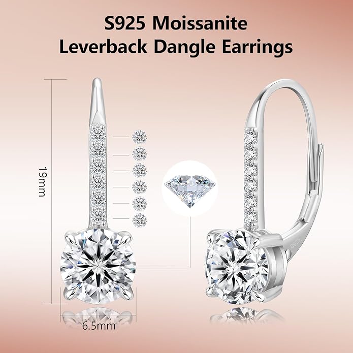 KRKC Moissanite Earrings, 1.0ct-2.0ct D Color Lab Created Diamond Earring, 14k White Gold Plated Sterling Silver Dangle Earrings S925 Leverback Drop Earring for Women Hypoallergenic Jewelry for Gifts