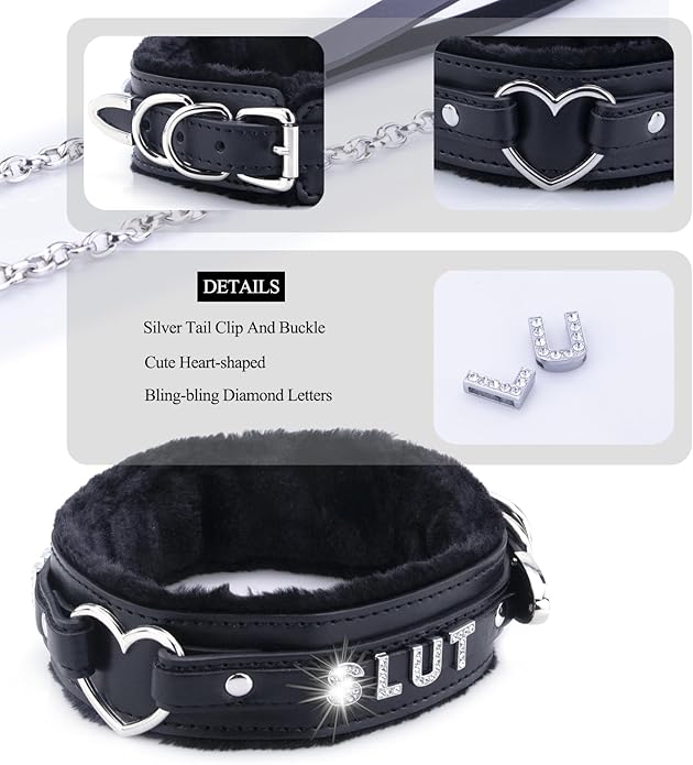 Leather Heart O-ring Collar Necklace for Women, Adjustable Gothic Punk Collar with Letters Soft Furry Choker Jewelry