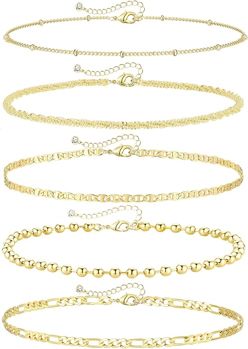 Gold Ankle Bracelets for Women,14k Gold Plated Anklets Waterproof Cuban Link Tennis Herringbone Beaded Chain Anklets Set Layered Anklet Bracelets for Women Adjustable Summer Beach Jewelry 5pcs