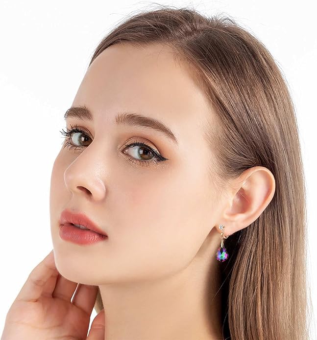 Austrian Crystal Baroque Drop Clip On Dangle Earrings for Women Non Pierced 14K Rose Gold Plated Hypoallergenic Jewelry