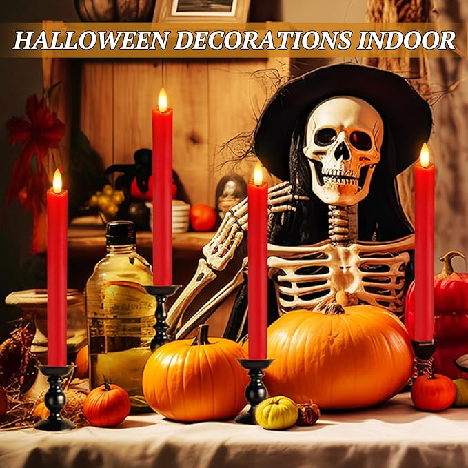 Flameless Candles with Remote: 8 Pack Battery Operated Window Candles 9.6" Real Wax LED Flickering Flameless Taper Candles 3D Wick Lights Halloween Christmas Wedding Birthday Party Decorations (Red)
