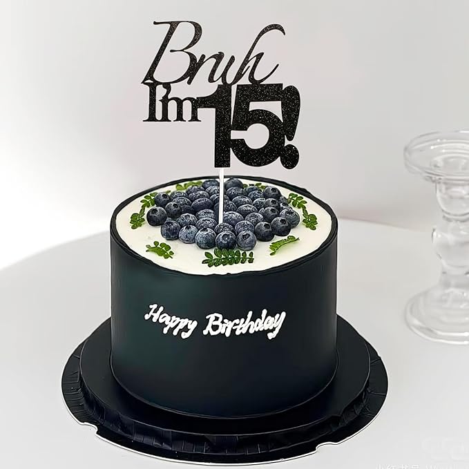 Bruh I'm 15 Cake Topper - Black Glitter Happy 15th Birthday Decorations for Boys Teens, Funny 15 Year Old Party Supplies, Bro I'm 15 Cake Decor (Bruh I'm 15！, 15th black)
